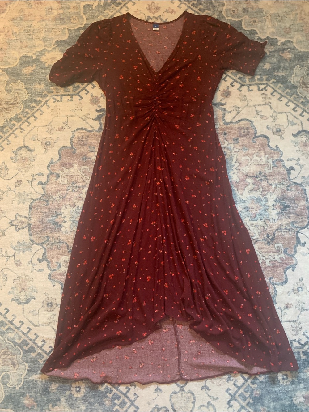 Old Navy Burgundy Dress with Red Floral Print